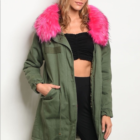 Olive Fuchsia Military Statement Jacket Faux Fur - Picture 2 of 8